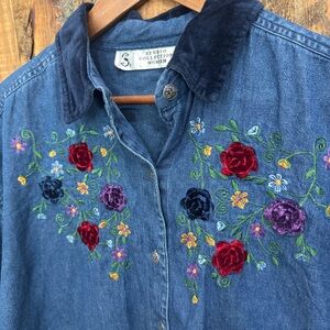 Studio Collection denim shirt, embroidered velvet flowers and collar Size 20W